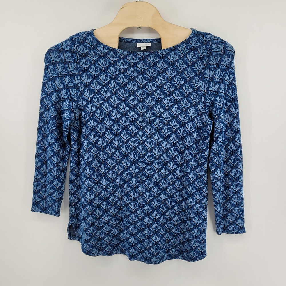 J. Jill Ponte Top Womens Large Blue Damask Print 3/4 Sleeve Scoop Neck Stretch